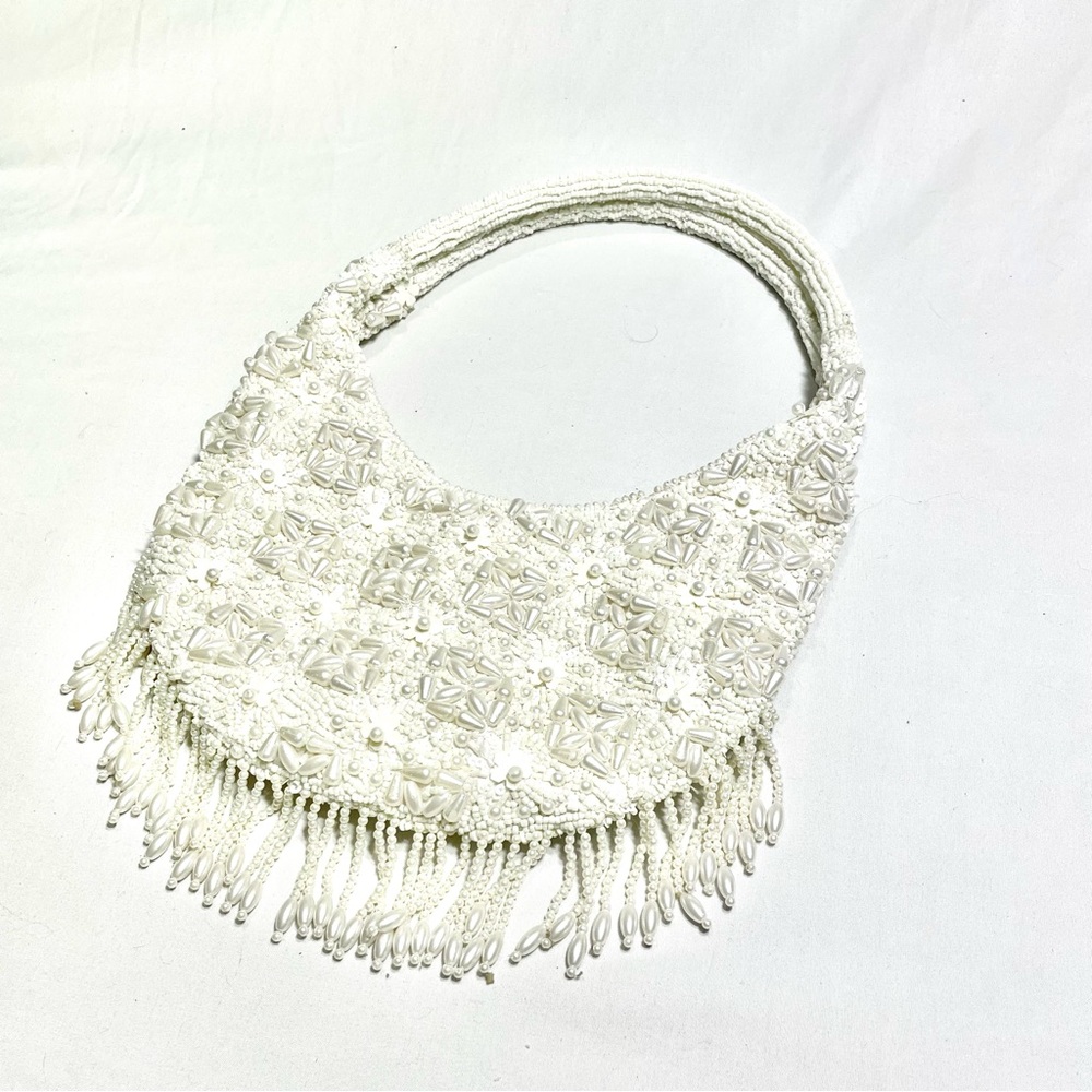 White Beaded Clutch with Tassles and Magnetic Snap Closure